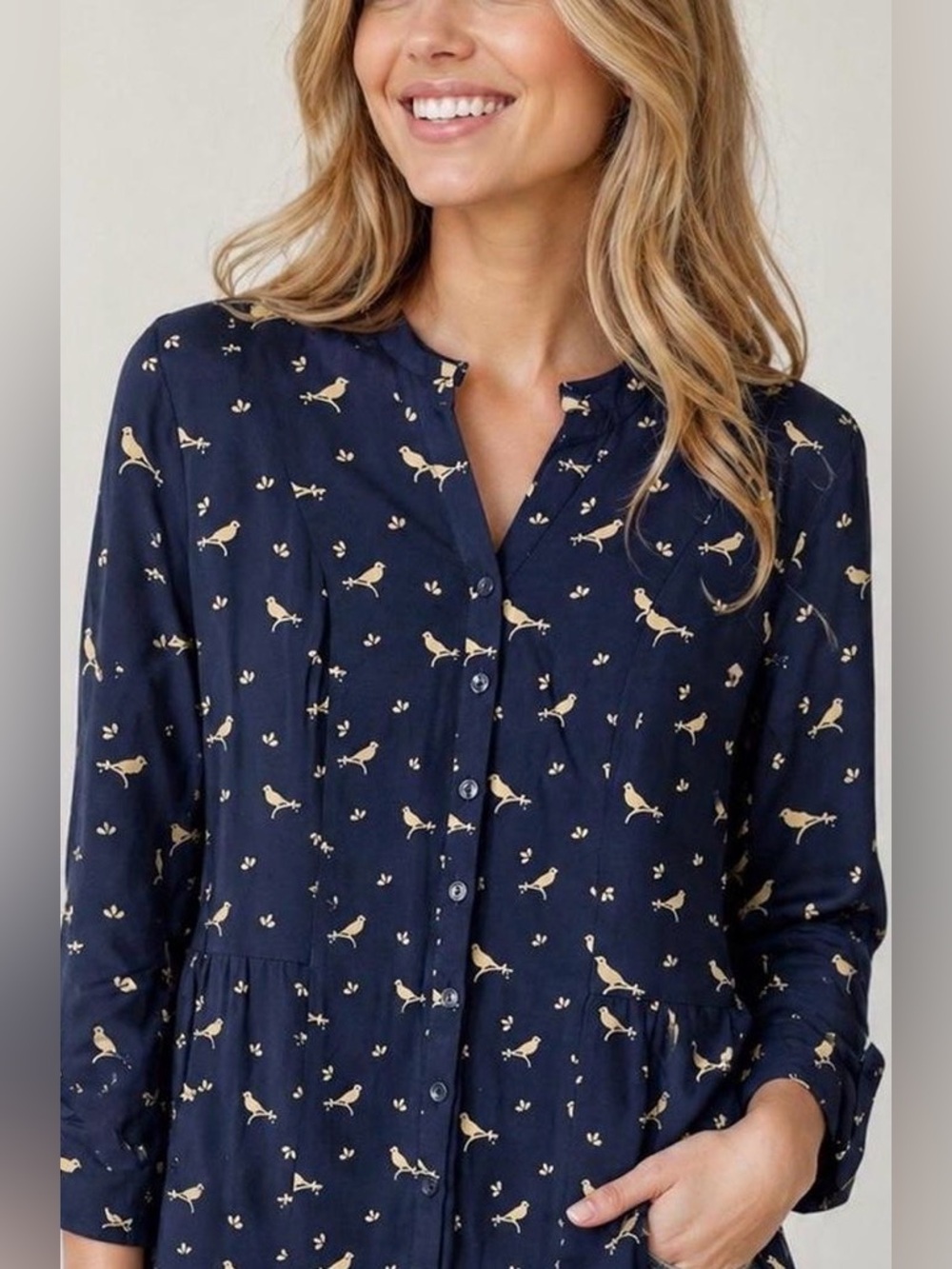 Modcloth, XL, Bird Print Top with Buttons and Cinched Back